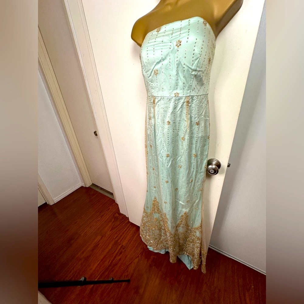 Minuet Mint Strapless Heavily Gold Glitter Embellished Bottom Formal Dress NWT S - Picture 4 of 16